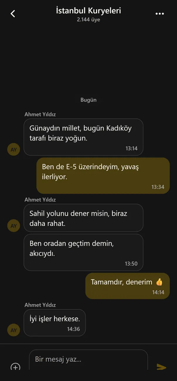 Kurio topluluk sohbeti: İstanbul Kuryeleri odasında kuryeler arası mesajlaşma
