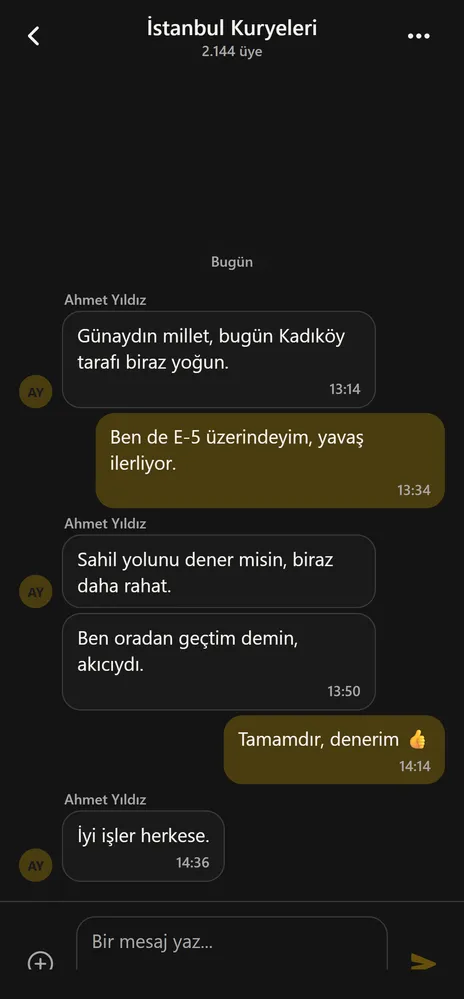 Kurio topluluk sohbeti: İstanbul Kuryeleri odasında kuryeler arası mesajlaşma