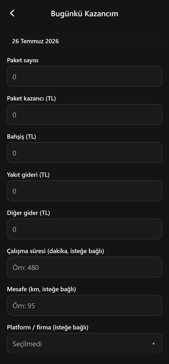 Kurio kazanç giriş ekranı: paket, kazanç, bahşiş, yakıt ve gider alanları