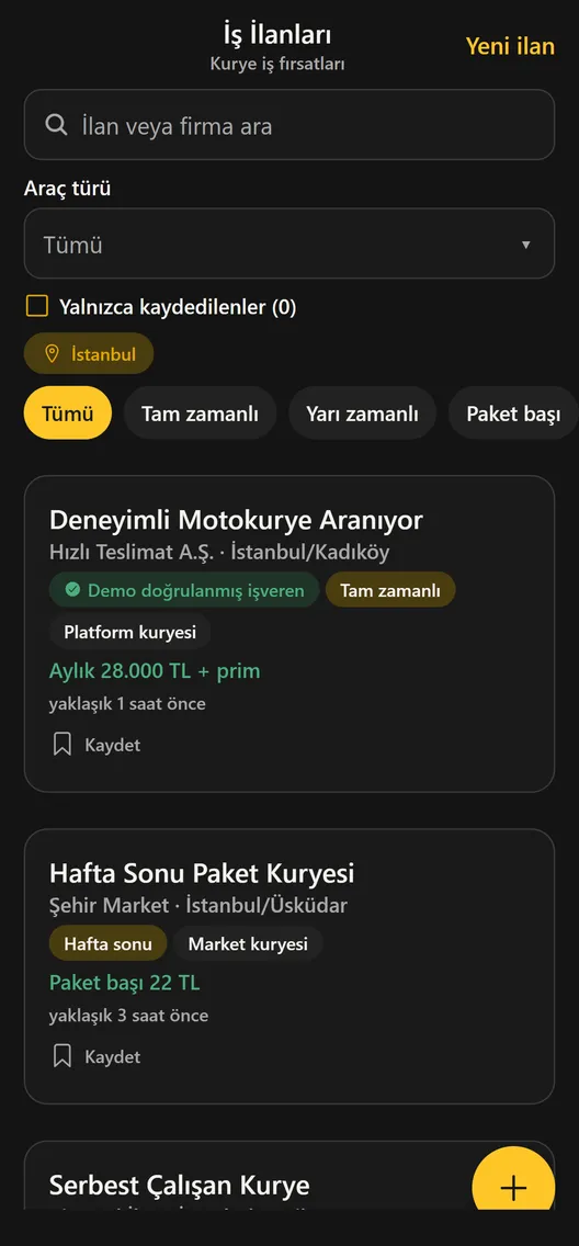 Kurio iş ilanları ekranı: şehir ve çalışma şekline göre filtrelenmiş kurye ilanları