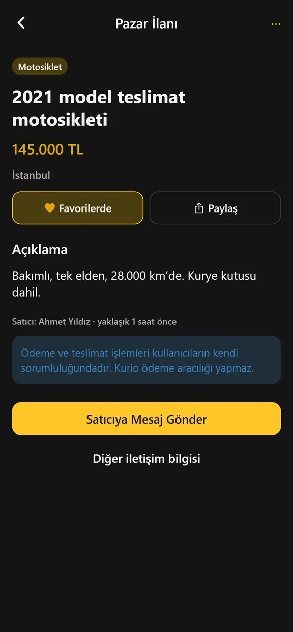 Kurio pazar ilan detayı: ürün görseli, fiyat ve satıcı bilgisi