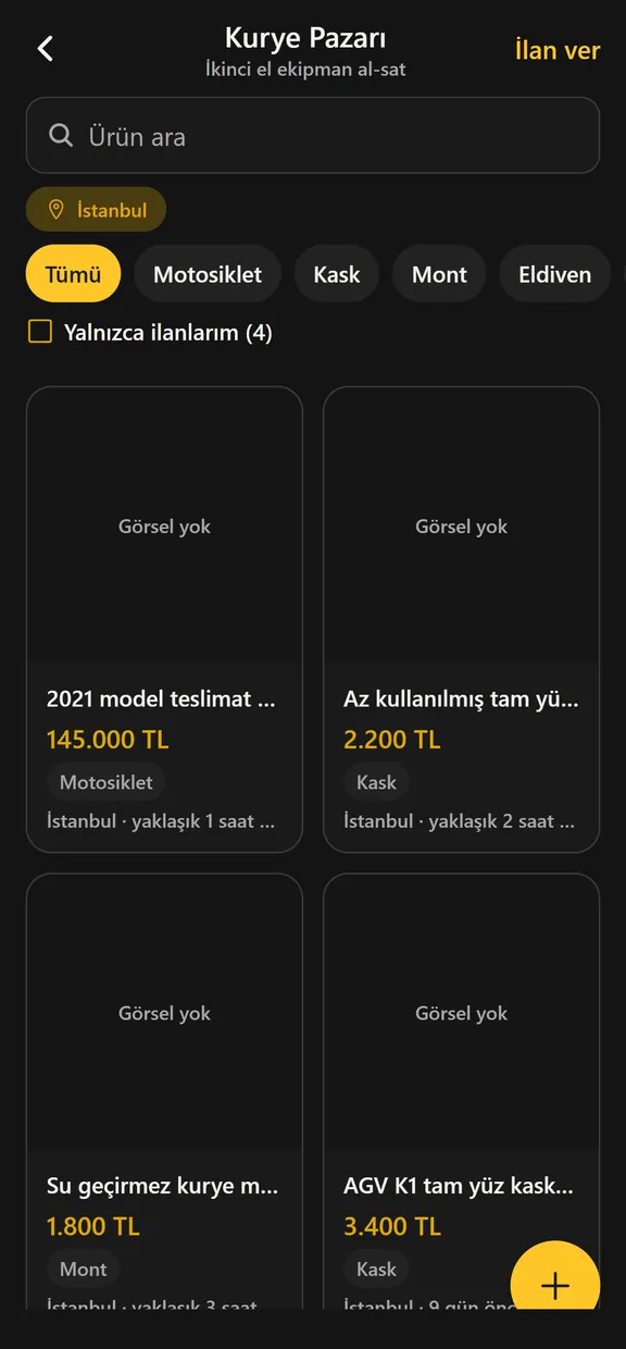 Kurio pazar ekranı: ikinci el kurye ekipmanı ilanları